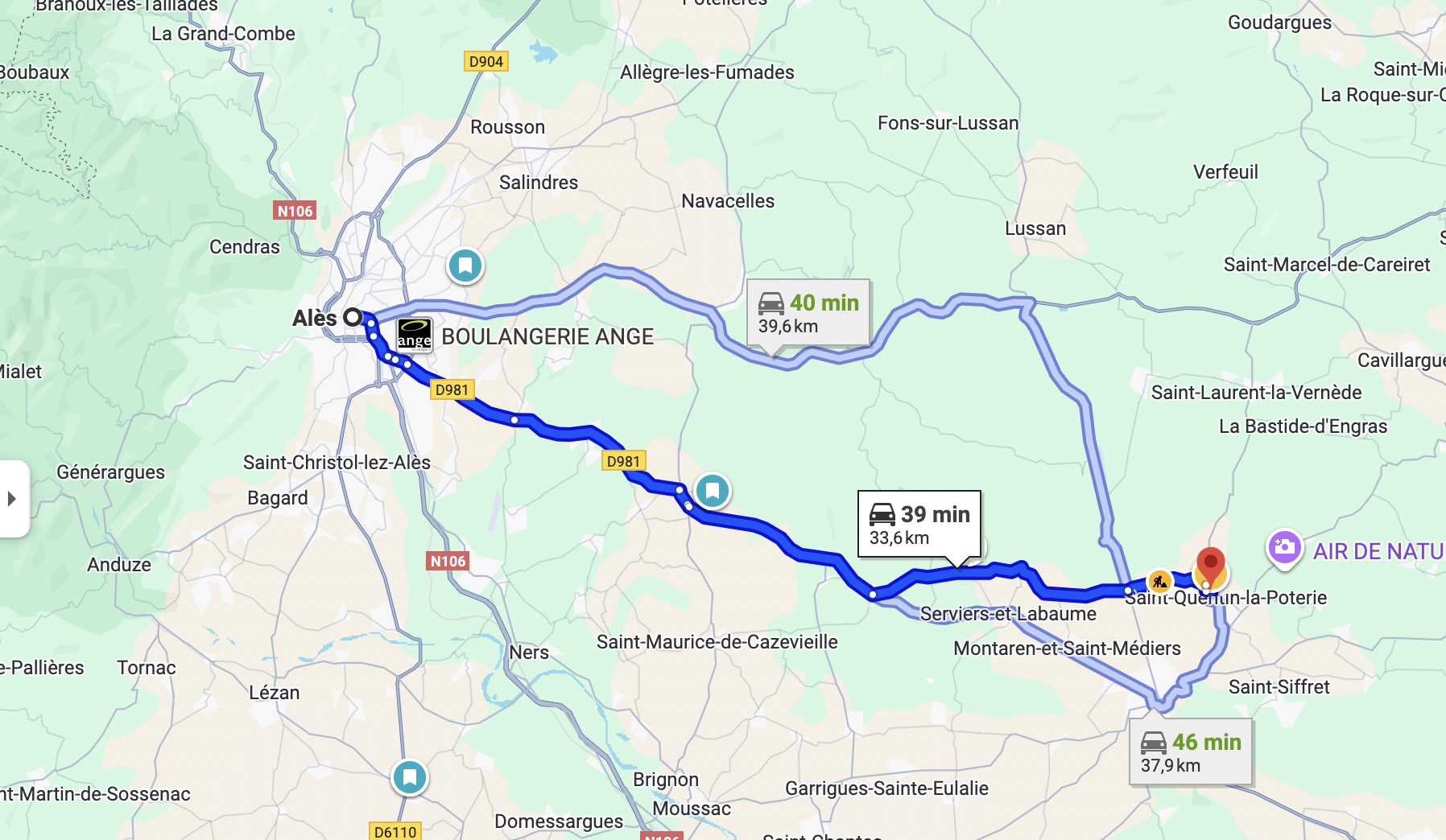 Carte d'accès avec ALT "Itinéraire psychanalyste depuis Alès vers Saint-Quentin-la-Poterie