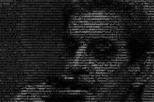 Portrait de Jacques Lacan entouré de formules et de nombres, illustration du blog psychanalyse et intelligence artificielle